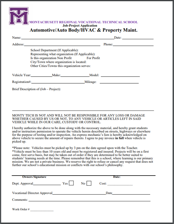 Job Application for Auto Tech, Auto Body, and HVAC